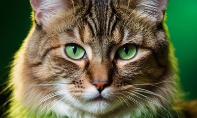 portrait of a cat with green eyes on green soft blurry background