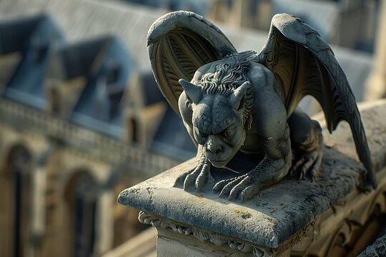 Stone Gargoyle on Rooftop with City View.