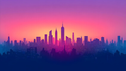 Vibrant sunset skyline silhouette with towering skyscrapers against a colorful gradient sky.