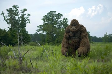 Bigfoot Walking Through Grass in a Forest.