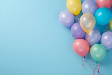 A bunch of colorful balloons on a light blue background, for a birthday.
