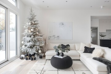 A modern, minimalist living room with a simple, white Christmas tree adorned with monochrome decorations