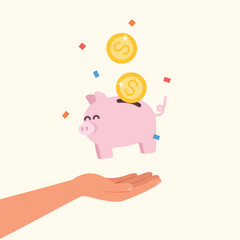 Hand holding a pig bank, Saving money. Money piggy with falling gold coins. Cash vector business concept.