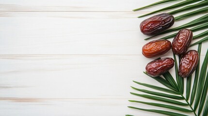 Delicious Sweet Dried Dates with Palm Leaf on White Wooden Table