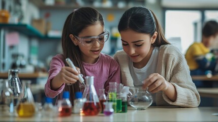 Education Concept: Teacher and Pupil Conducting Chemistry Experiment at Table