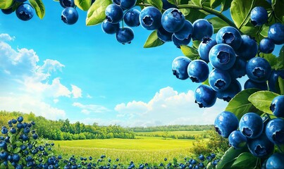 Frame made of branches with blueberries, rural countryside landscape, background with copy space