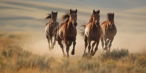 A captivating scene of four horses galloping through a dusty landscape, showcasing freedom and grace in motion.