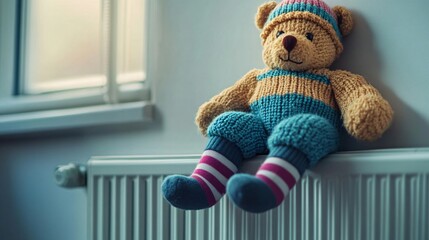 Cozy Teddy Bear in Sweater, Striped Socks, and Hat on Heating Radiator