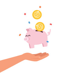 Hand holding a pig bank, Saving money. Money piggy with falling gold coins. Cash vector business concept.