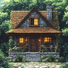 Fototapeta premium Charming Fairy-Tale Cottage in Lush Forest Landscape with Welcoming Stone Porch
