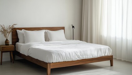 White bed with wooden frame in a minimalist room.