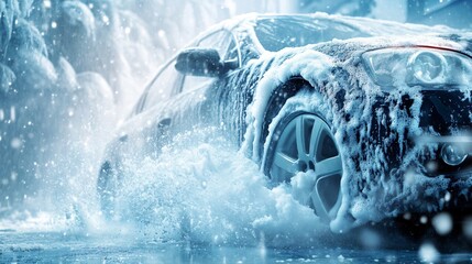 Professional car wash service with foam covered automobile in background