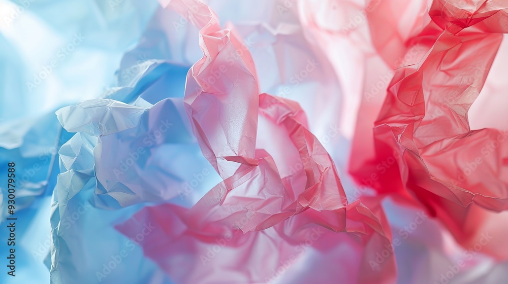 Poster crumpled pieces of red and blue paper intertwine, creating an abstract texture against a gently blur