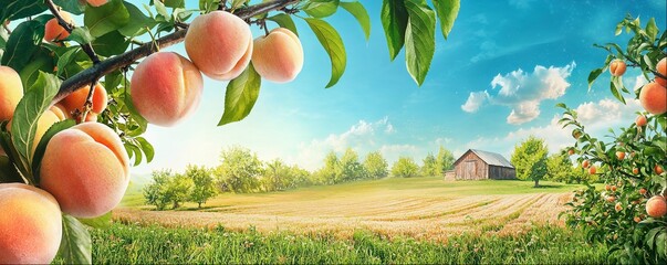 Frame made of branches with peaches, rural landscape background with copy space