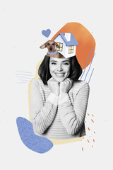 Composite trend artwork 3D sketch image photo collage of silhouette young lady happy smile dream half head rent new petfriendly house dog