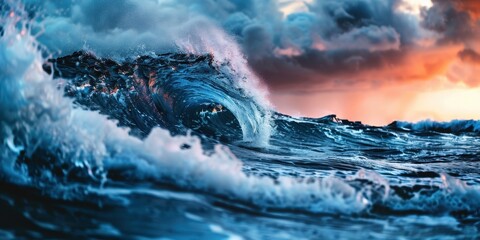 A dramatic wave crashes against the shore, showcasing powerful water movement under a vibrant sunset sky.
