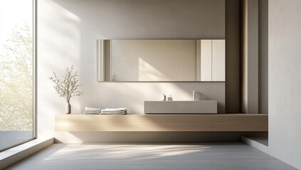 Minimalist bathroom with wood vanity and mirror.