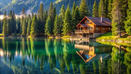 Fototapeta premium Chalet overlooking crystal lake surrounded by pine trees, chalet, crystal lake, pine trees, nature, tranquil, peaceful