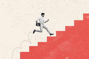 Creative collage picture young man walk upstairs inspiration career promotion climb up step go run...