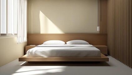 Minimalist bedroom with wooden bed and wall.