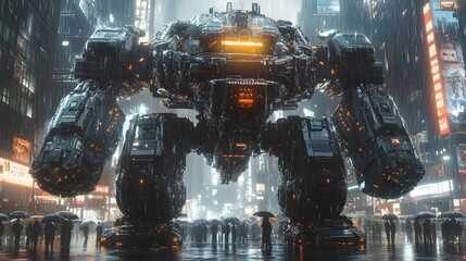 Colossal Mecha War Machine Bristling with Advanced Weaponry in Moody Urban Environment