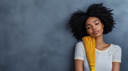 Exhausted African American Woman with Yellow Broom on Grey Background