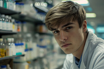Fototapeta premium Smiling pharmacist standing behind the counter with shelves of medication in the background generative AI