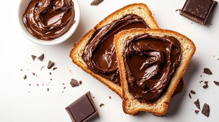Delicious Toasted Bread with Decadent Chocolate Spread on Clean White Background