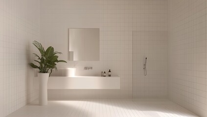 Modern bathroom with white tiles and a plant.