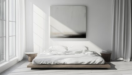 White bed, painting, sunlight, wooden floor.