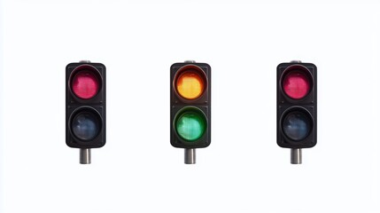 Bright Traffic Lights with Three Signals on White Background