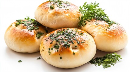 Delicious Traditional Pampushka Buns with Garlic and Herbs on White Background