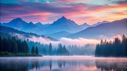 Fototapeta premium Serene mountain landscape at dawn with soft fluffy hues of pink and blue , mountains, landscape, dawn, serene, peaceful, nature, sky