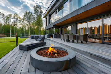 Modern Home Backyard with Fire Pit - Photo