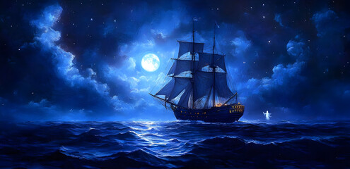 Fototapeta premium A mystical ship sailing under a luminous moon, surrounded by enchanting clouds and waves, evoking dreams of adventure.