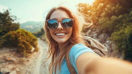 Travel Blogger Taking Selfie Outdoors in Sunglasses