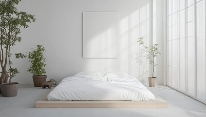 White bed with plants in a minimalist room.