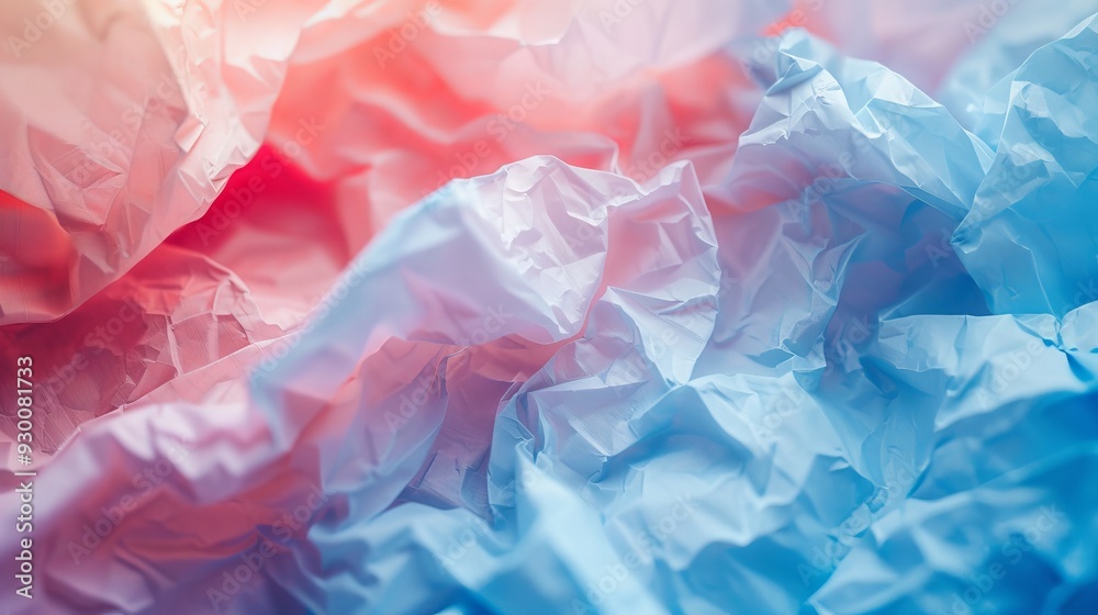 Poster textured layers of crumpled red and blue paper create a vibrant, abstract composition with a gentle,