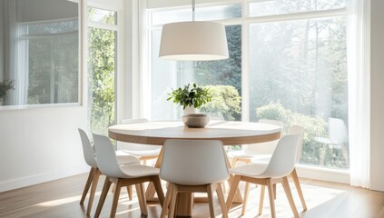 Obraz premium Dining room table with white chairs and large windows.