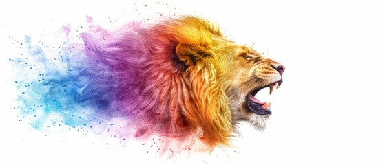 Naklejka premium A tight shot of a lion's face with an opened mouth, exuding colored smoke