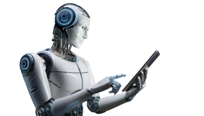 AI Robot Operating Tablet on Transparent Background PNG