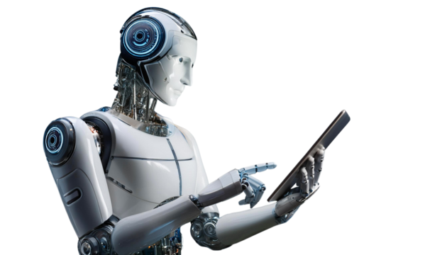 AI Robot Operating Tablet on Transparent Background PNG - Powered by Adobe