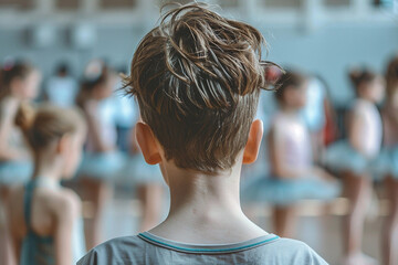 Fototapeta premium Generative AI picture of beautiful children preparing ballet dance school performance in stage ballroom gown