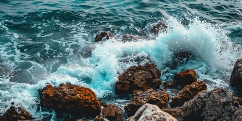 Obraz premium Dynamic ocean waves crashing against rugged rocks, creating a serene yet powerful coastal atmosphere.