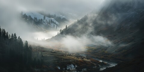 Misty mountain landscape captures the serene beauty of nature, with fog rolling through the valleys and trees silhouetted against the sky.