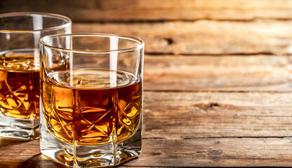 Two whiskey glasses filled with amber liquor sit on a rustic wooden table. The glasses' clear lines and the warm tones of the wood create a cozy, inviting atmosphere.