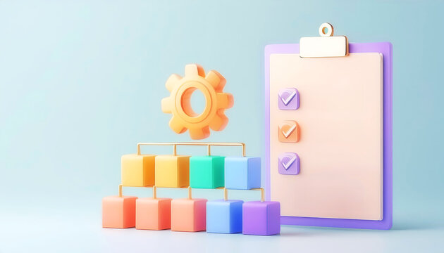 Colorful workspace setup with a clipboard, checklists, and blocks, ideal for productivity and organization concepts.