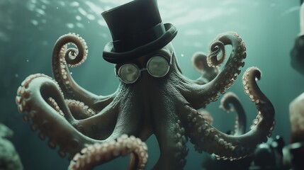 Fototapeta premium A top-hatted octopus promotes luxury seafood in a whimsical underwater world, blending fun and sophistication.