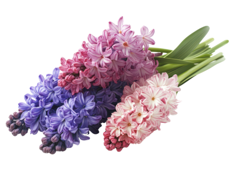 Beautiful clusters of hyacinth flowers in vibrant shades of purple and pink, perfect for decoration or floral arrangements.