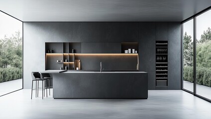 Modern kitchen with grey cabinets and island.